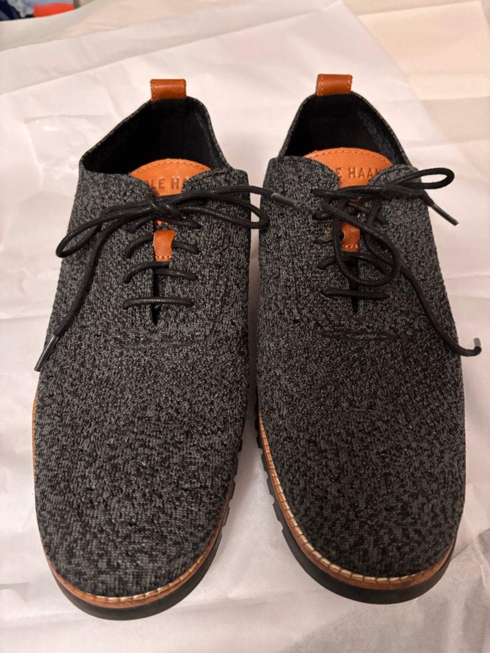 Cole Haan ZEROGRAND  STICHLITE GRAY lightweight shoes with Tan Leather Tongue.